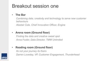 Breakout session one
• The Bar
Combining data, creativity and technology to serve new customer
behaviours
Alastair Cole, Chief Innovation Officer, Engine
• Arena room (Ground floor)
Finding the data and creative sweet spot
Anna Foster, Data Director, TMW Unlimited
• Reading room (Ground floor)
Its not your journey its theirs
Darren Loveday, VP, Customer Engagement, Thunderhead
 