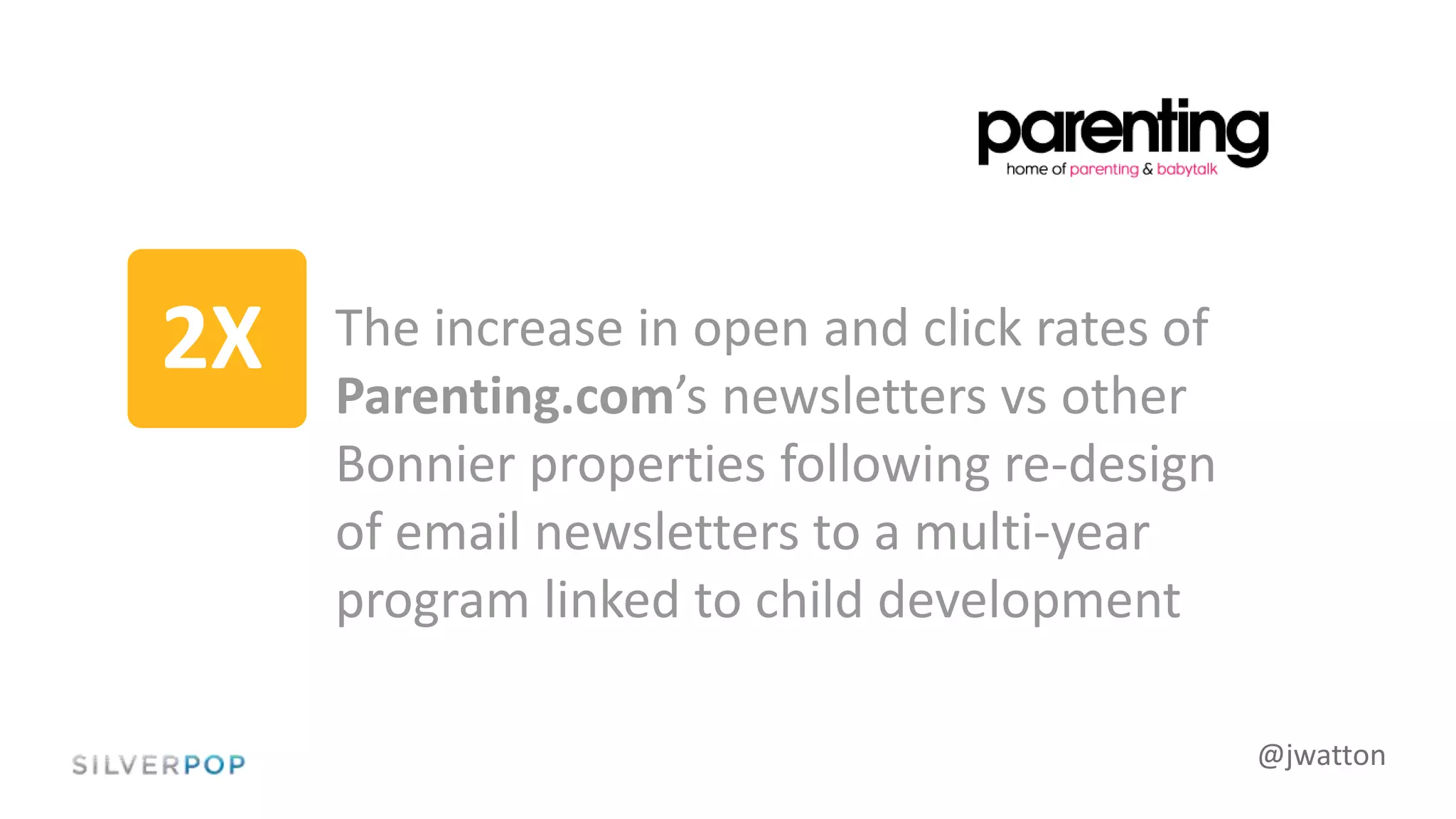 @jwatton
The increase in open and click rates of
Parenting.com’s newsletters vs other
Bonnier properties following re-design
of email newsletters to a multi-year
program linked to child development
2X
 