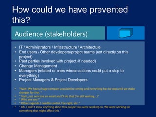 How could we have prevented
this?
Audience (stakeholders)
• IT / Administrators / Infrastructure / Architecture
• End users / Other developers/project teams (not directly on this
project)
• Past parties involved with project (if needed)
• Change Management
• Managers (related or ones whose actions could put a stop to
everything)
• Project Managers & Project Developers
•
•
•
•
•

“Wait! We have a huge company acquisition coming and everything has to stop until we make
changes for that. “
“ Yeah, just send me an email and I'll do that (I'm still waiting...) “
“ Who are you? “
“ Others agenda / needto control / be right, etc. “
“ Oh, I didn't know anything about this project you were working on. We were working on
something that might affect this. “

 