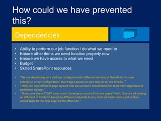 How could we have prevented
this?
Dependencies
•
•
•
•
•

Ability to perform our job function / do what we need to
Ensure other items we need function properly now
Ensure we have access to what we need
Budget
Skilled SharePoint resources

•

“We are developing on a desktop configured with different versions of SharePoint vs. your
enterprise server configuration. Your Page Layouts on your test server are broken. “
“ Well, we have different page layouts that we use but it should work for all of them regardless of
which one we use. “
“ How come these CQWP parts aren't showing on some of the site pages? Yeah, they are all looking
up different to list items based on different metadata terms, most of which don't exist so they
would apply to the new page on the other site. “

•
•

 