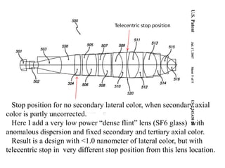 Telecentric stop position

Stop position for no secondary lateral color, when secondary axial
color is partly uncorrected.
Here I add a very low power “dense flint” lens (SF6 glass) with
anomalous dispersion and fixed secondary and tertiary axial color.
Result is a design with <1.0 nanometer of lateral color, but with
telecentric stop in very different stop position from this lens location.

 