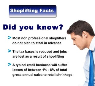 Approximately 1 in 10 people is
a shoplifter
Did you know?
The average shoplifter steals
252.00 per incident
Shoplifters are caught only 1 in 50
times and are arrested about 1 in
100 times
VVV
 