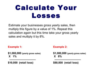 Ten people enter your store and start
shopping, one of them is stealing from
you. One hundred people walk in; ten
of them are stealing. How many
customers do you get? Do you get
200, 500 or a 1000 customers a day?
Think about it. Considering the
average shoplifter steals $252 per
incident. This can really add up. Now
while these numbers are averages,
and individual locations can vary more
or less in their percentages, the dollar
amounts may still make a huge impact
on your profit. Does this sound like a
lot? It is.
 