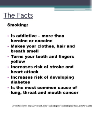 The Facts
Smoking:
• Is addictive – more than
heroine or cocaine
• Makes your clothes, hair and
breath smell
• Turns your teeth and fingers
yellow
• Increases risk of stroke and
heart attack
• Increases risk of developing
diabetes
• Is the most common cause of
lung, throat and mouth cancer

(Website Source: http://www.cyh.com/HealthTopics/HealthTopicDetails.aspx?p=240&n

 