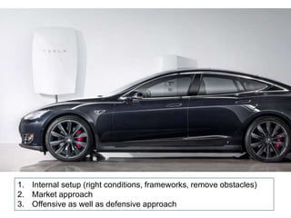 1. Internal setup (right conditions, frameworks, remove obstacles)
2. Market approach
3. Offensive as well as defensive approach
 