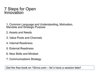 1. Common Language and Understanding, Motivation,
Mandate and Strategic Purpose
2. Assets and Needs
3. Value Pools and Channels
4. Internal Readiness
5. External Readiness
6. New Skills and Mindset
7. Communications Strategy
7 Steps for Open
Innovation
Get the free book on 15inno.com – let´s have a session later!
 