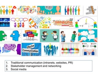 1. Traditional communication (intranets, websites, PR)
2. Stakeholder management and networking
3. Social media
 