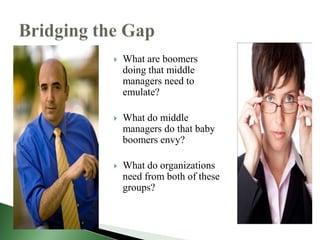    What are boomers
    doing that middle
    managers need to
    emulate?

   What do middle
    managers do that baby
    boomers envy?

   What do organizations
    need from both of these
    groups?
 