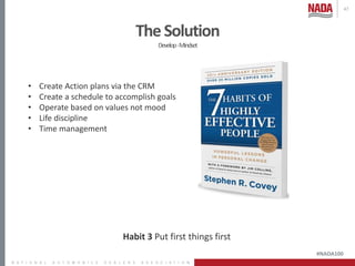 #NADA100
TheSolution
Develop-Mindset
47
• Create Action plans via the CRM
• Create a schedule to accomplish goals
• Operat...