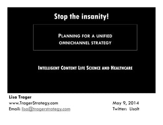 Stop the insanity!
PLANNING FOR A UNIFIED
OMNICHANNEL STRATEGY
INTELLIGENT CONTENT LIFE SCIENCE AND HEALTHCARE
Lisa Trager
T St t M 9 2014www.TragerStrategy.com May 9, 2014
Email: lisa@tragerstrategy.com Twitter: Lisalt
 