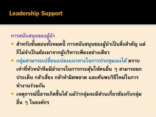การสนับสนุนของผู้นา
 สาหรับขั้นตอนทั้งหมดนี้ การสนับสนุนของผู้นาเป็นสิ่งสาคัญ แต่
ก็ไม่จาเป็นต้องมาจากผู้บริหารเพียงอย่างเดียว
 กลุ่มสามารถเปลี่ยนแปลงแนวทางในการประชุมเองได้ ตราบ
เท่าที่หัวหน้าทีมมีอานาจในการกระตุ้นให้คนอื่น ๆ สามารถยก
ประเด็น กล้าเสี่ยง กล้าทาผิดพลาด และค้นพบวิธีใหม่ในการ
ทางานร่วมกัน
 เหตุการณ์นี้ อาจเกิดขึ้นได้ แม้ว่ากลุ่มจะมีส่วนเกี่ยวข้องกับกลุ่ม
อื่น ๆ ในองค์กร
 