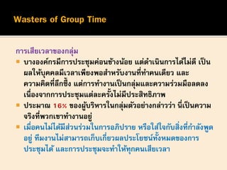 การเสียเวลาของกลุ่ม
 บางองค์กรมีการประชุมค่อนข้างน้อย แต่ดาเนินการได้ไม่ดี เป็น
ผลให้บุคคลมีเวลาเพียงพอสาหรับงานที่ทาคนเดียว และ
ความคิดที่ลึกซึ้ ง แต่การทางานเป็นกลุ่มและความร่วมมือลดลง
เนื่องจากการประชุมแต่ละครั้งไม่มีประสิทธิภาพ
 ประมาณ 16% ของผู้บริหารในกลุ่มตัวอย่างกล่าวว่า นี่เป็นความ
จริงที่พวกเขาทางานอยู่
 เมื่อคนไม่ได้มีส่วนร่วมในการอภิปราย หรือใส่ใจกับสิ่งที่กาลังพูด
อยู่ ทีมงานไม่สามารถเก็บเกี่ยวผลประโยชน์ทั้งหมดของการ
ประชุมได้ และการประชุมจะทาให้ทุกคนเสียเวลา
 
