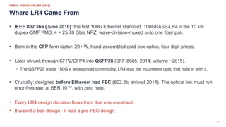 13
GEN 1 · 100GBASE-LR4 (2010)
Where LR4 Came From
• IEEE 802.3ba (June 2010): the first 100G Ethernet standard. 100GBASE-LR4 = the 10 km
duplex-SMF PMD: 4 × 25.78 Gb/s NRZ, wave-division-muxed onto one fiber pair.
• Born in the CFP form factor: 20+ W, hand-assembled gold-box optics, four-digit prices.
• Later shrunk through CFP2/CFP4 into QSFP28 (SFF-8665, 2014; volume ~2015).
– The QSFP28 made 100G a widespread commodity, LR4 was the incumbent optic that rode in with it.
• Crucially: designed before Ethernet had FEC (802.3bj arrived 2014). The optical link must run
error-free raw, at BER 10 ¹², with zero help.
⁻
• Every LR4 design decision flows from that one constraint.
• It wasn't a bad design - it was a pre-FEC design.
 