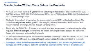 31
THE STANDARDS GAME
Standards Are Written Years Before the Products
• An IEEE task force starts 3–6 years before volume product exists: 802.3ba chartered 2007 →
QSFP28 volume 2015. 802.3bs/cd chartered 2014–16 → PAM4 volume 2020. 802.3dj chartered
2022 → completing ~2026.
• At charter time nobody knows what the lasers, receivers, or DSPs will actually achieve. The
committee negotiates a best guess: loss budgets, penalty allocations, reach tiers — with
margin stacked on margin, filtered through vendor politics.
• That's why the DR / FR / LR ladder exists at all: the tiers were carved out when they plausibly
required different designs. By the time the silicon converged on one design, the tiers were
frozen into standards and purchasing habits.
• It's also why the assumptions drift randomly between projects (0.43 vs 0.5 dB/km; 2.0 vs 3.0 dB
of connectors): different meeting, different compromise. Nobody went back to reconcile.
• Datasheet labels encode committee history, not physics. You should engineer with dB
budgets and CD windows, not with a distance estimate in the name of the standard.
 