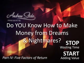 STOP
Wasting Time
START
Adding Value2014-05-20
Do YOU Know How to Make
Money from Dreams
& Nightmares?
Part IV: Five Factors of Return
 