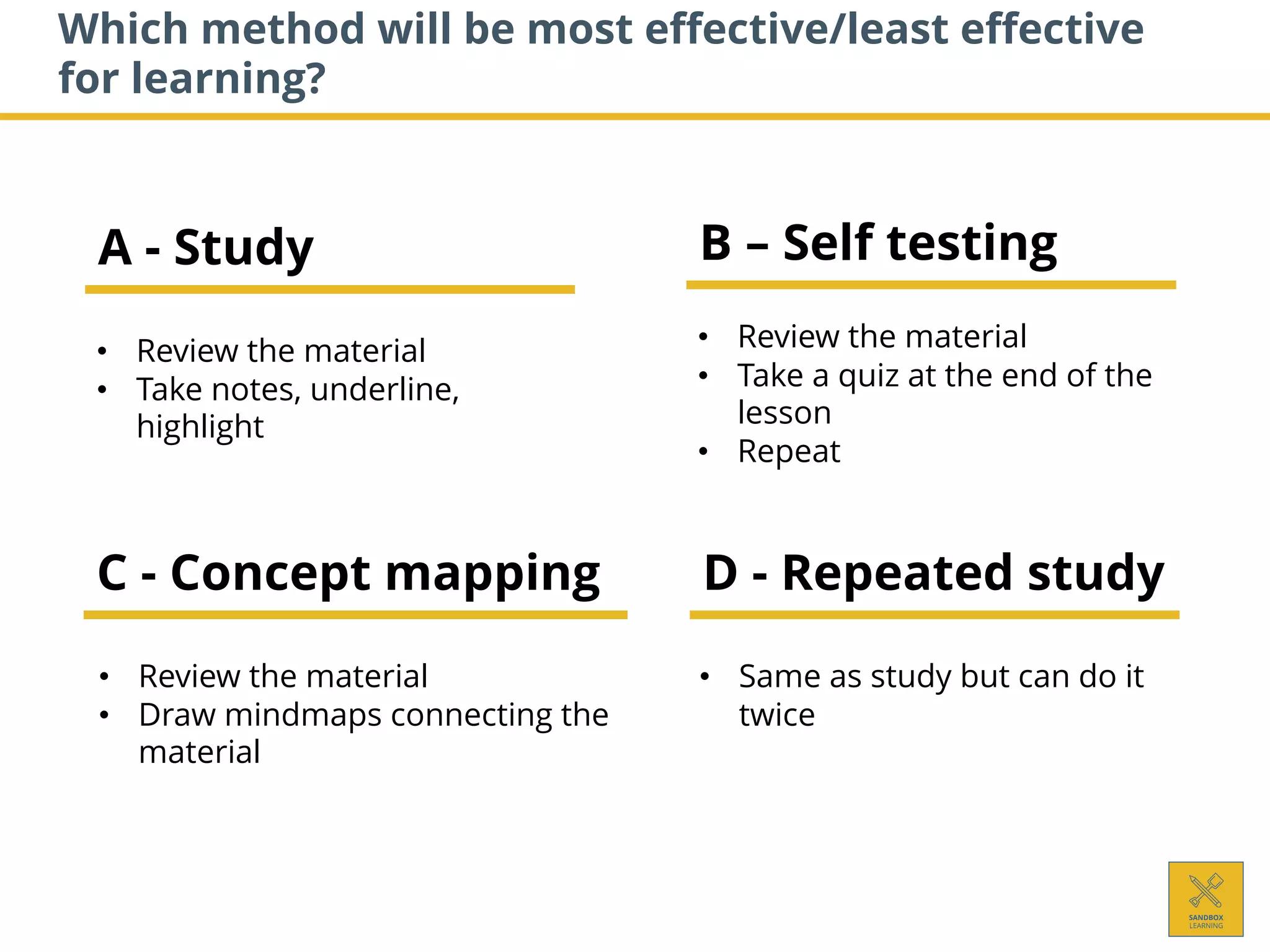 Which method will be most effective/least effective
for learning?
A - Study
• Review the material
• Take notes, underline,
highlight
D - Repeated study
• Same as study but can do it
twice
B – Self testing
• Review the material
• Take a quiz at the end of the
lesson
• Repeat
C - Concept mapping
• Review the material
• Draw mindmaps connecting the
material
 