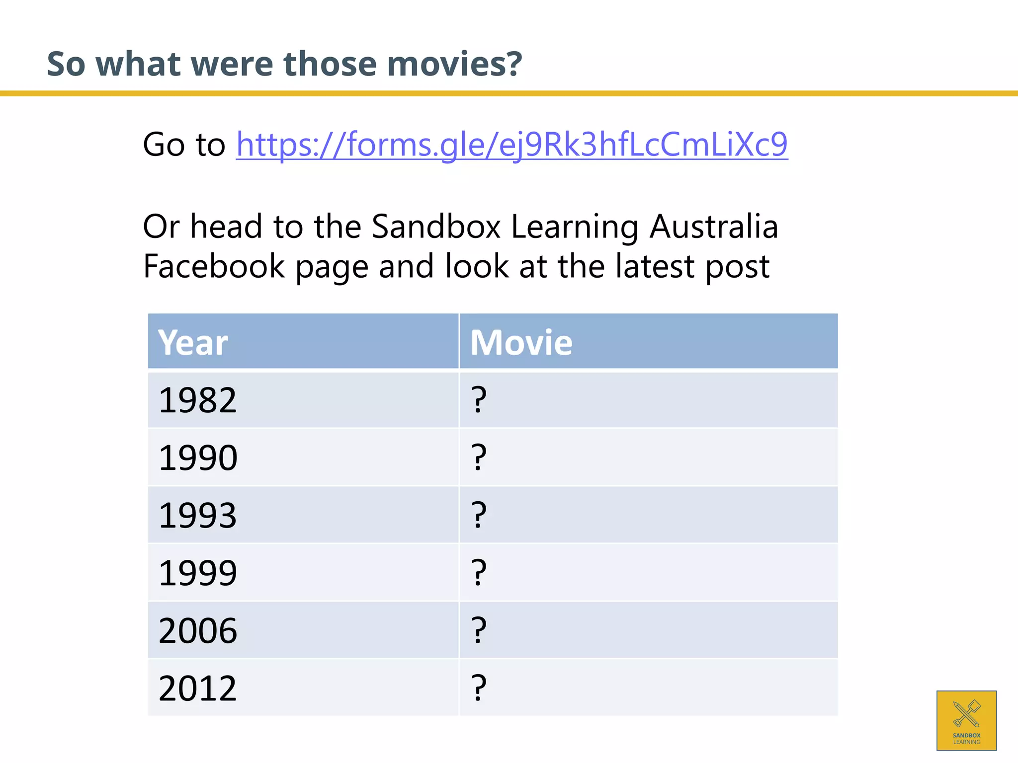 So what were those movies?
Year Movie
1982 ?
1990 ?
1993 ?
1999 ?
2006 ?
2012 ?
Go to https://forms.gle/ej9Rk3hfLcCmLiXc9
Or head to the Sandbox Learning Australia
Facebook page and look at the latest post
 