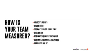 • VELOCITY/POINTS
• STORY COUNT
• STORY CYCLE/DELIVERY TIME
• UTILIZATION
• ESTIMATED QUALITATIVE VALUE
• ESTIMATED QUANTITATIVE VALUE
• VALIDATED VALUE
HOW IS
YOUR TEAM
MEASURED?
 