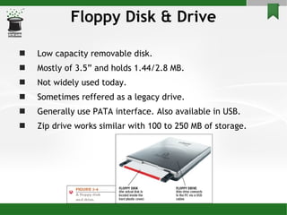 Floppy Disk & Drive Low capacity removable disk. Mostly of 3.5” and holds 1.44/2.8 MB. Not widely used today. Sometimes reffered as a legacy drive. Generally use PATA interface. Also available in USB. Zip drive works similar with 100 to 250 MB of storage. 
