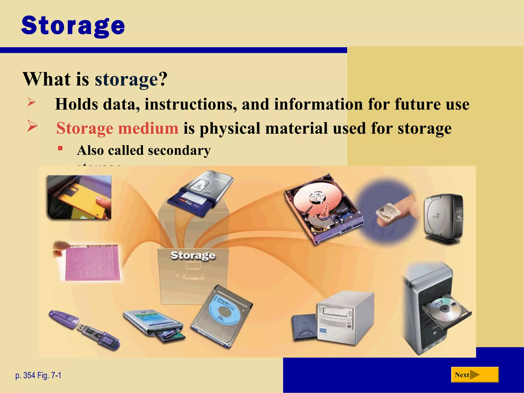 Storage
What is storage?
p. 354 Fig. 7-1 Next
 Holds data, instructions, and information for future use
 Storage medium is physical material used for storage
 Also called secondary
storage
 