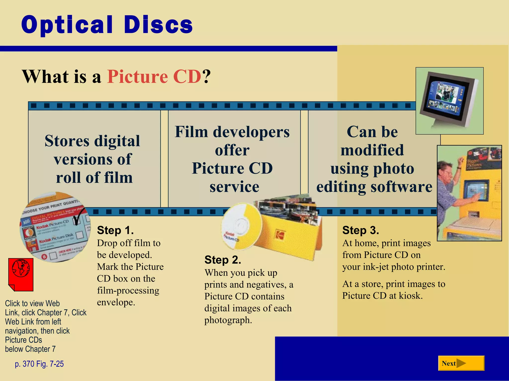 Optical Discs
What is a Picture CD?
p. 370 Fig. 7-25 Next
Film developers
offer
Picture CD
service
Can be
modified
using photo
editing software
Stores digital
versions of
roll of film
Step 3.
At home, print images
from Picture CD on
your ink-jet photo printer.
At a store, print images to
Picture CD at kiosk.
Step 1.
Drop off film to
be developed.
Mark the Picture
CD box on the
film-processing
envelope.
Step 2.
When you pick up
prints and negatives, a
Picture CD contains
digital images of each
photograph.
Click to view Web
Link, click Chapter 7, Click
Web Link from left
navigation, then click
Picture CDs
below Chapter 7
 