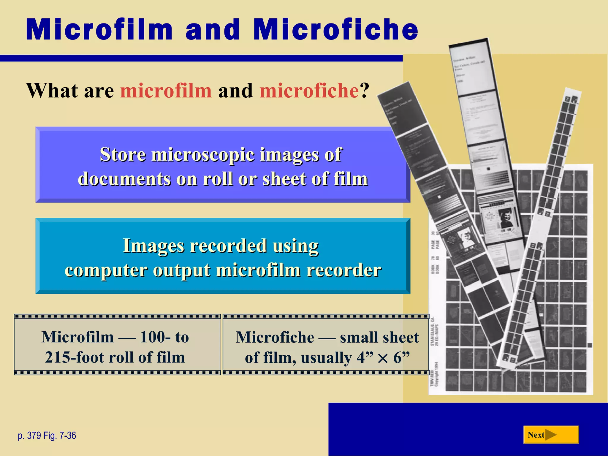 Microfilm and Microfiche
What are microfilm and microfiche?
p. 379 Fig. 7-36 Next
Images recorded usingImages recorded using
computer output microfilm recordercomputer output microfilm recorder
Store microscopic images ofStore microscopic images of
documents on roll or sheet of filmdocuments on roll or sheet of film
Microfilm — 100- to
215-foot roll of film
Microfiche — small sheet
of film, usually 4” × 6”
 