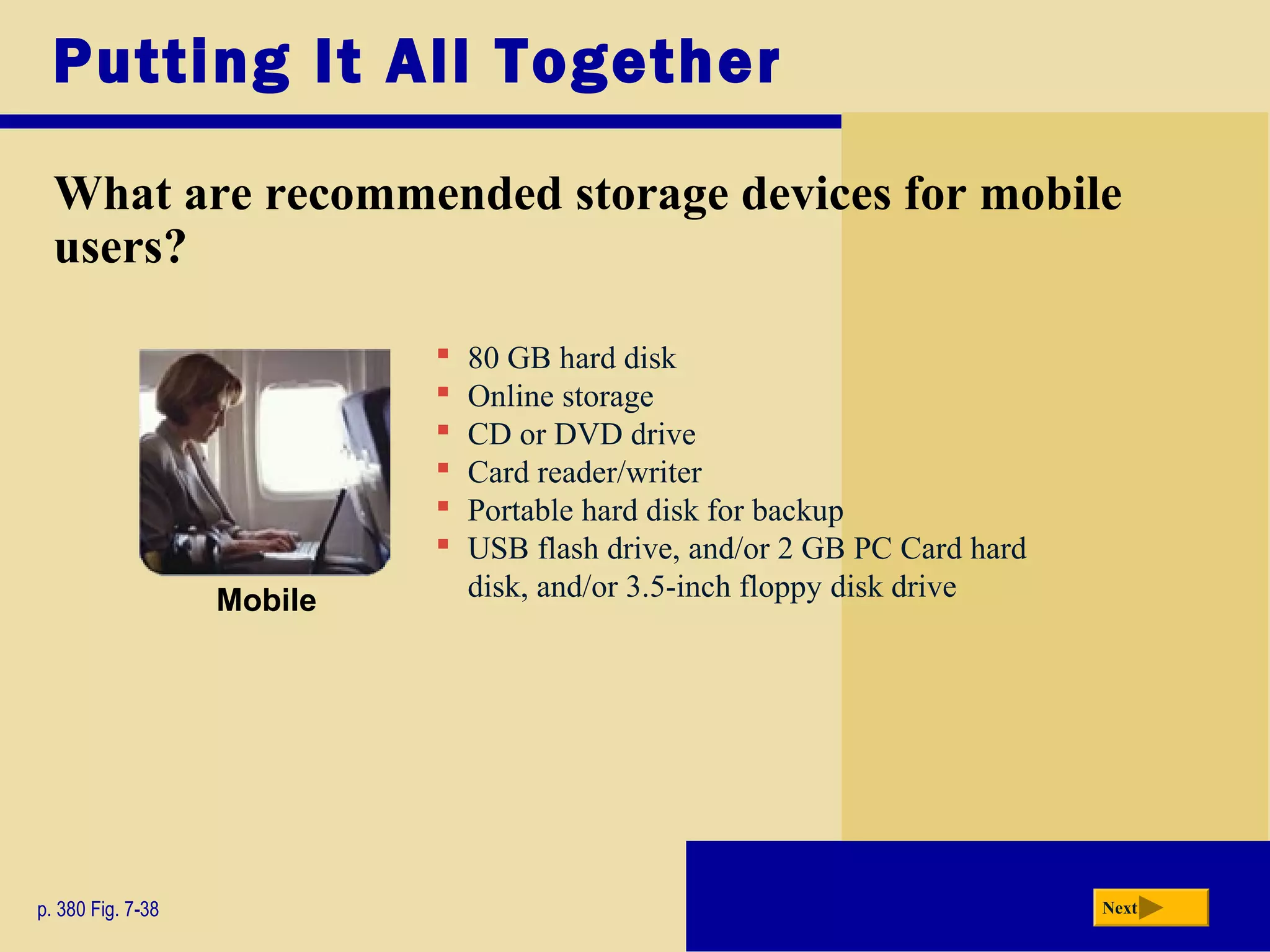 Putting It All Together
What are recommended storage devices for mobile
users?
p. 380 Fig. 7-38 Next
 80 GB hard disk
 Online storage
 CD or DVD drive
 Card reader/writer
 Portable hard disk for backup
 USB flash drive, and/or 2 GB PC Card hard
disk, and/or 3.5-inch floppy disk driveMobile
 