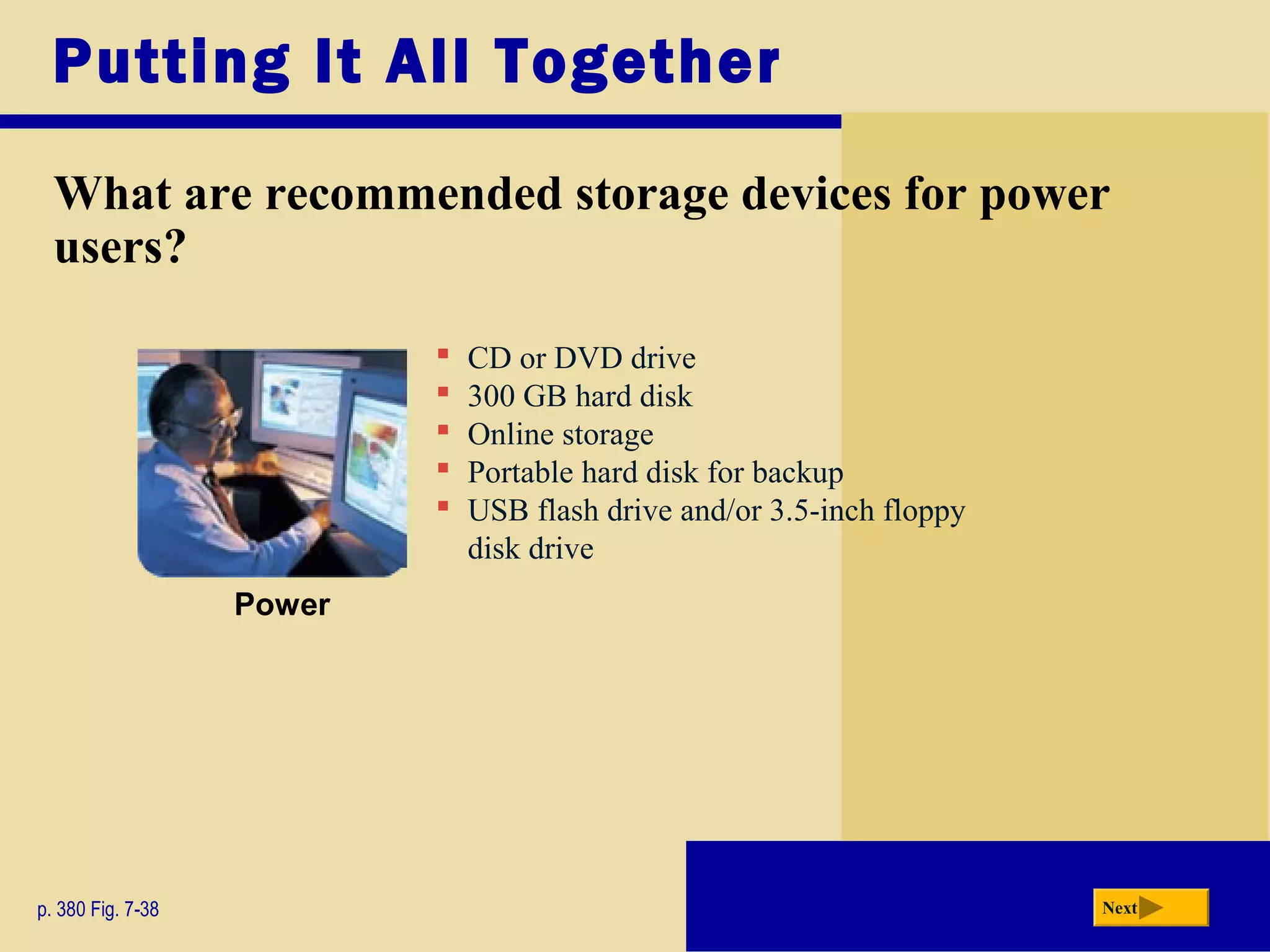 Putting It All Together
What are recommended storage devices for power
users?
p. 380 Fig. 7-38 Next
 CD or DVD drive
 300 GB hard disk
 Online storage
 Portable hard disk for backup
 USB flash drive and/or 3.5-inch floppy
disk drive
Power
 