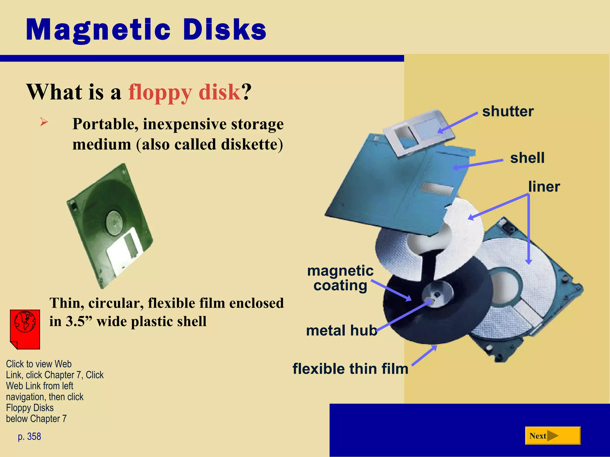 Magnetic Disks
What is a floppy disk?
p. 358 Next
 Portable, inexpensive storage
medium (also called diskette)
Thin, circular, flexible film enclosed
in 3.5” wide plastic shell
shutter
shell
liner
magnetic
coating
flexible thin film
metal hub
Click to view Web
Link, click Chapter 7, Click
Web Link from left
navigation, then click
Floppy Disks
below Chapter 7
 