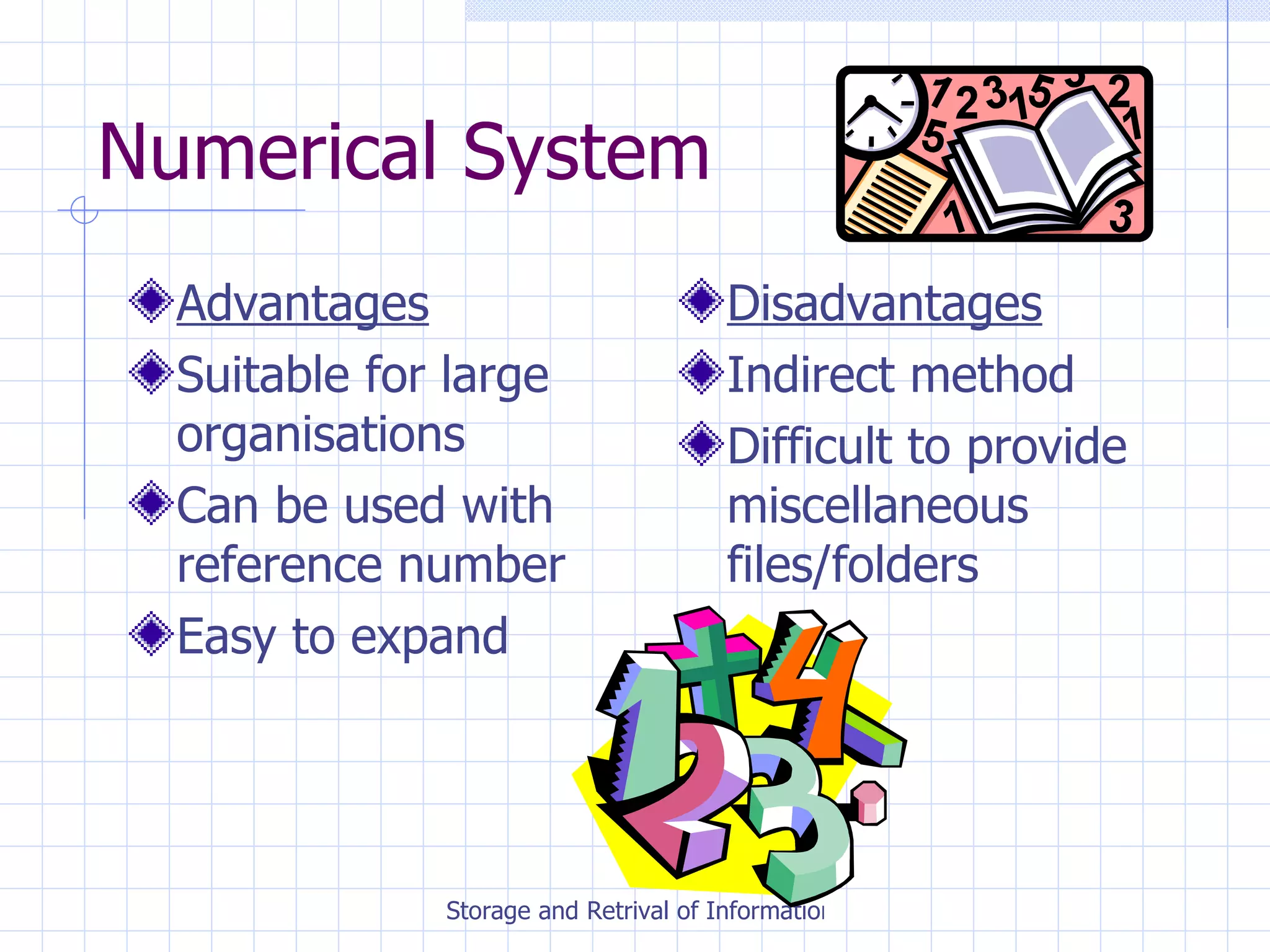 Numerical System Advantages Suitable for large organisations Can be used with reference number Easy to expand Disadvantages Indirect method Difficult to provide miscellaneous files/folders 