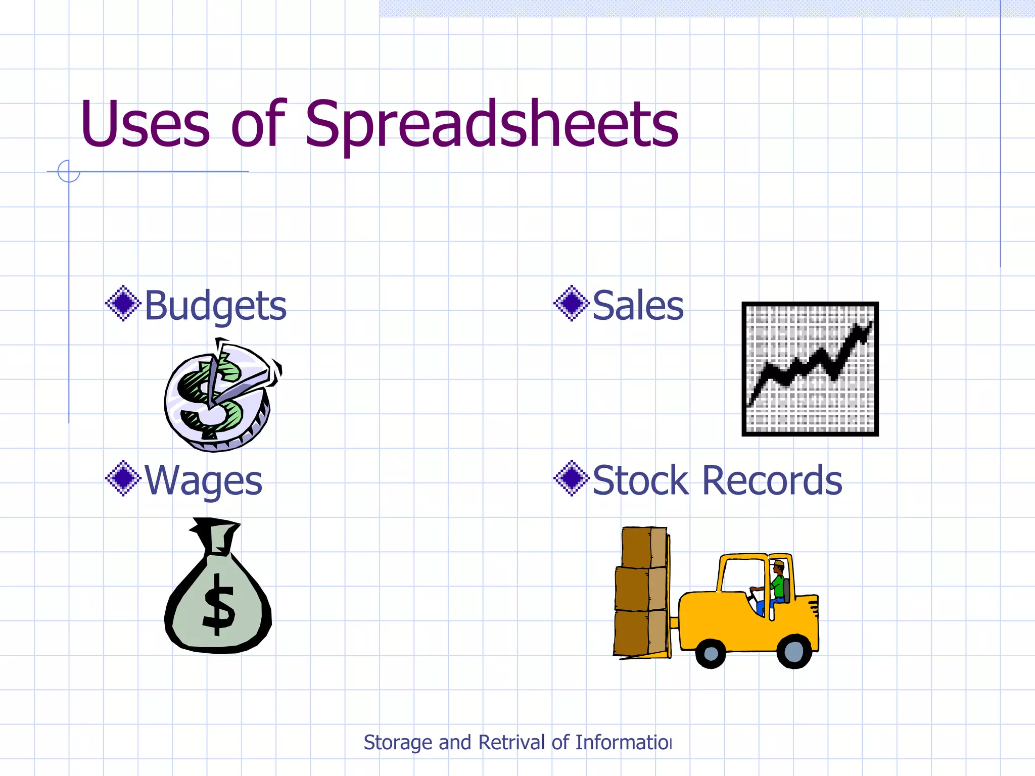Uses of Spreadsheets Budgets Wages Sales Stock Records 