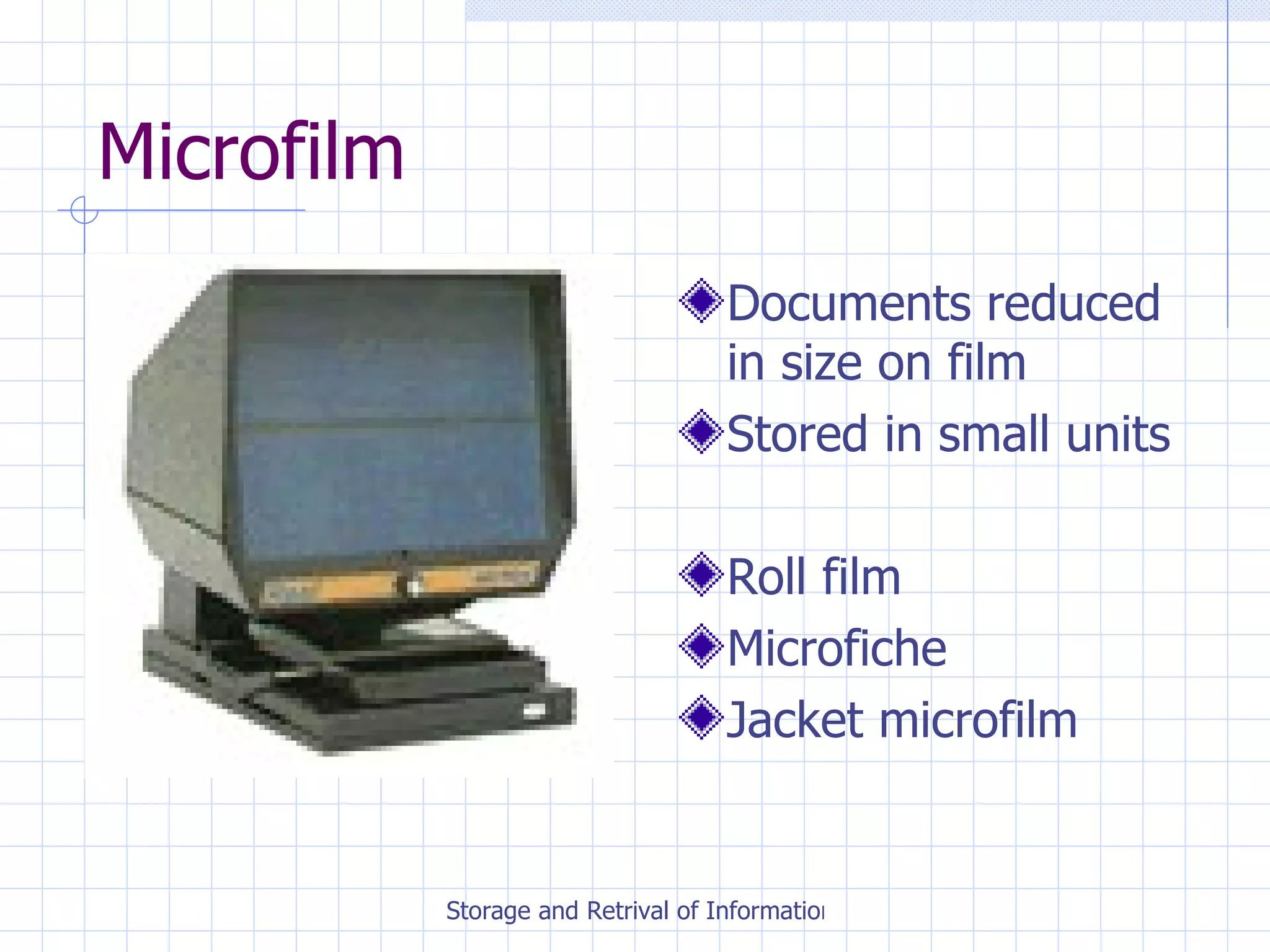 Microfilm Documents reduced in size on film Stored in small units Roll film Microfiche Jacket microfilm 