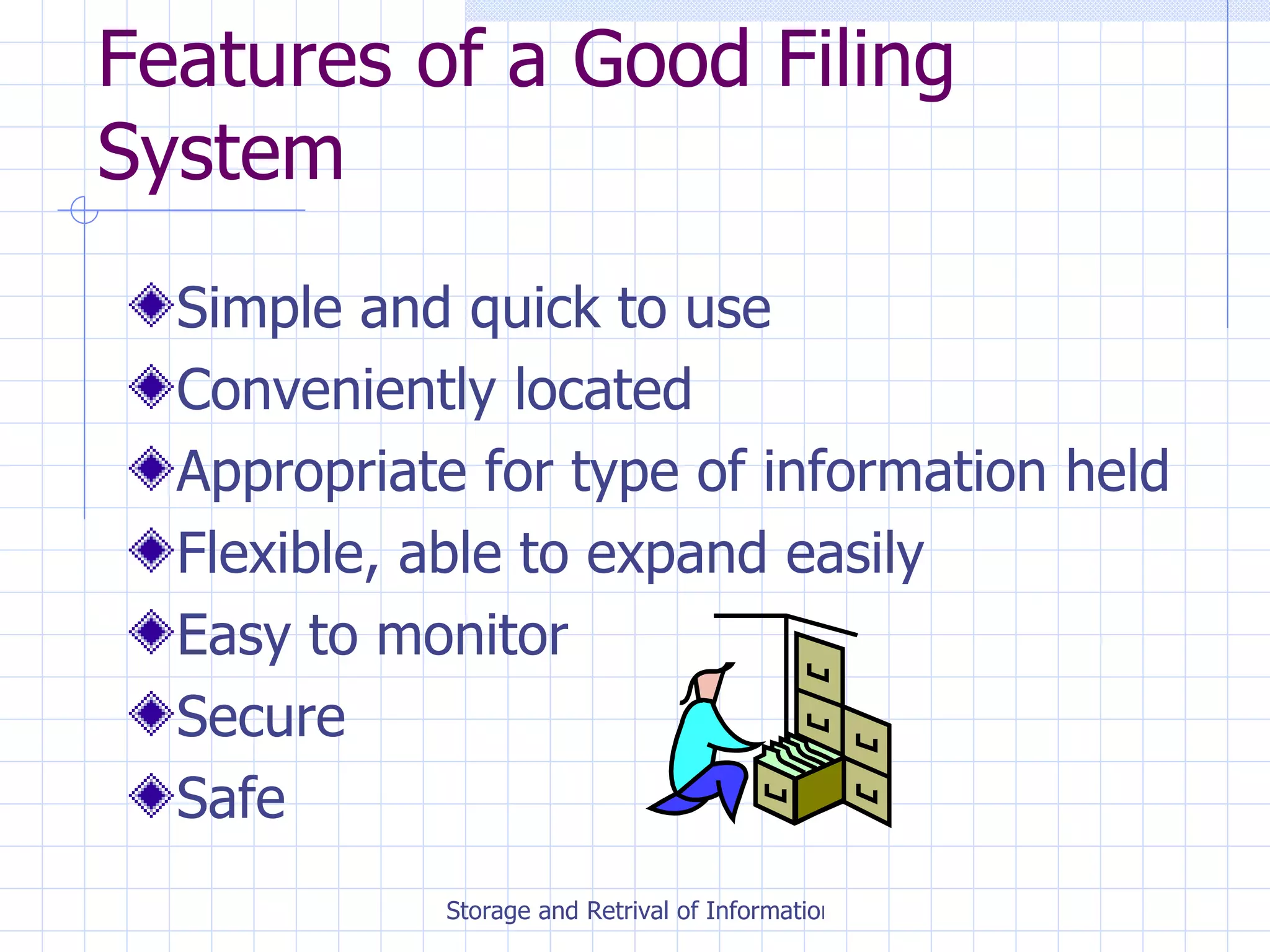 Features of a Good Filing System Simple and quick to use Conveniently located Appropriate for type of information held Flexible, able to expand easily Easy to monitor Secure Safe  