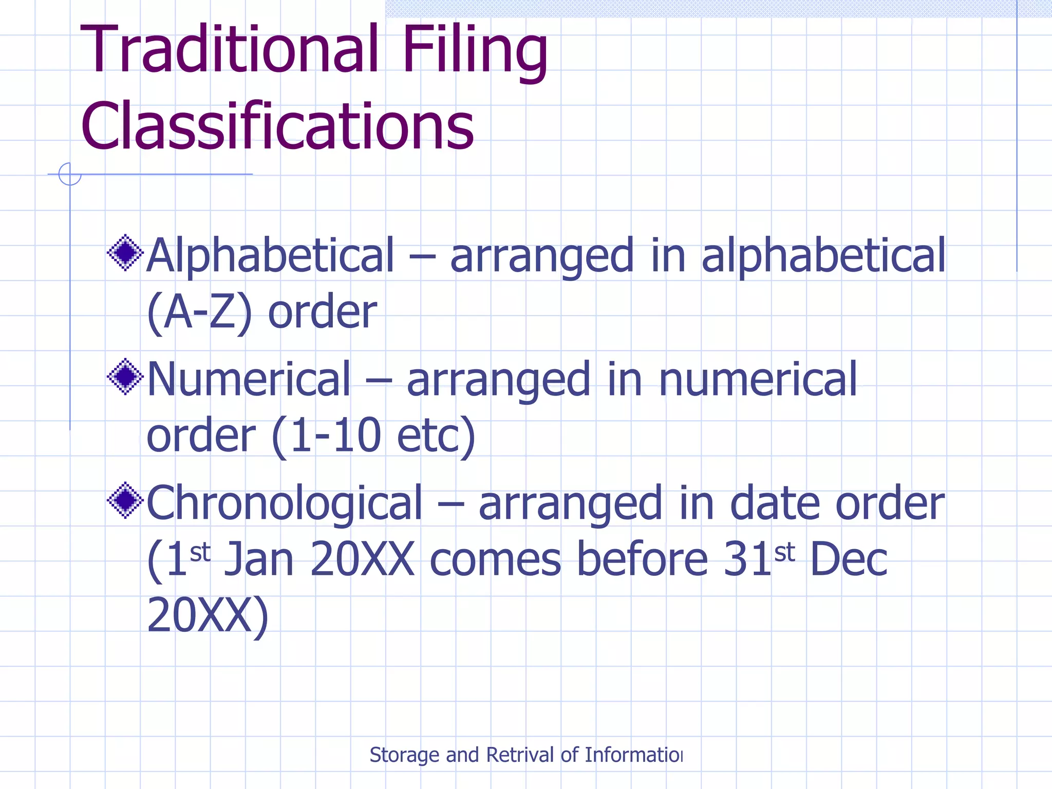 Traditional Filing Classifications Alphabetical – arranged in alphabetical (A-Z) order Numerical – arranged in numerical order (1-10 etc) Chronological – arranged in date order (1 st  Jan 20XX comes before 31 st  Dec 20XX) 