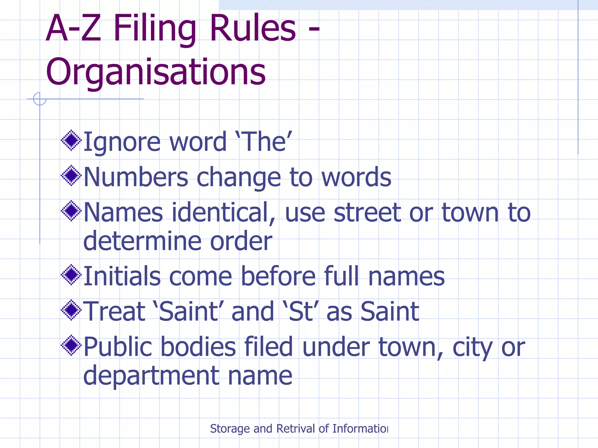 A-Z Filing Rules - Organisations Ignore word ‘The’ Numbers change to words Names identical, use street or town to determine order Initials come before full names Treat ‘Saint’ and ‘St’ as Saint Public bodies filed under town, city or department name 
