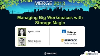 1	
  
Managing Big Workspaces with
Storage Magic
Agnes Jacob, Netapp
Randy DeFauw, Perforce
Randy DeFauw
Senior Product Manager
Agnes Jacob
 