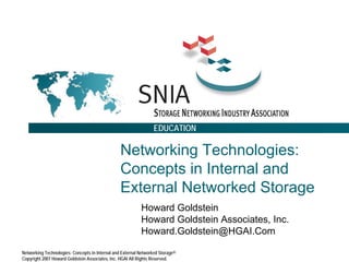 EDUCATION
Networking Technologies: Concepts in Internal and External Networked Storage©
Copyright 2007 Howard Goldstein Associates, Inc. HGAI All Rights Reserved.
Networking Technologies:
Concepts in Internal and
External Networked Storage
Howard Goldstein
Howard Goldstein Associates, Inc.
Howard.Goldstein@HGAI.Com
 