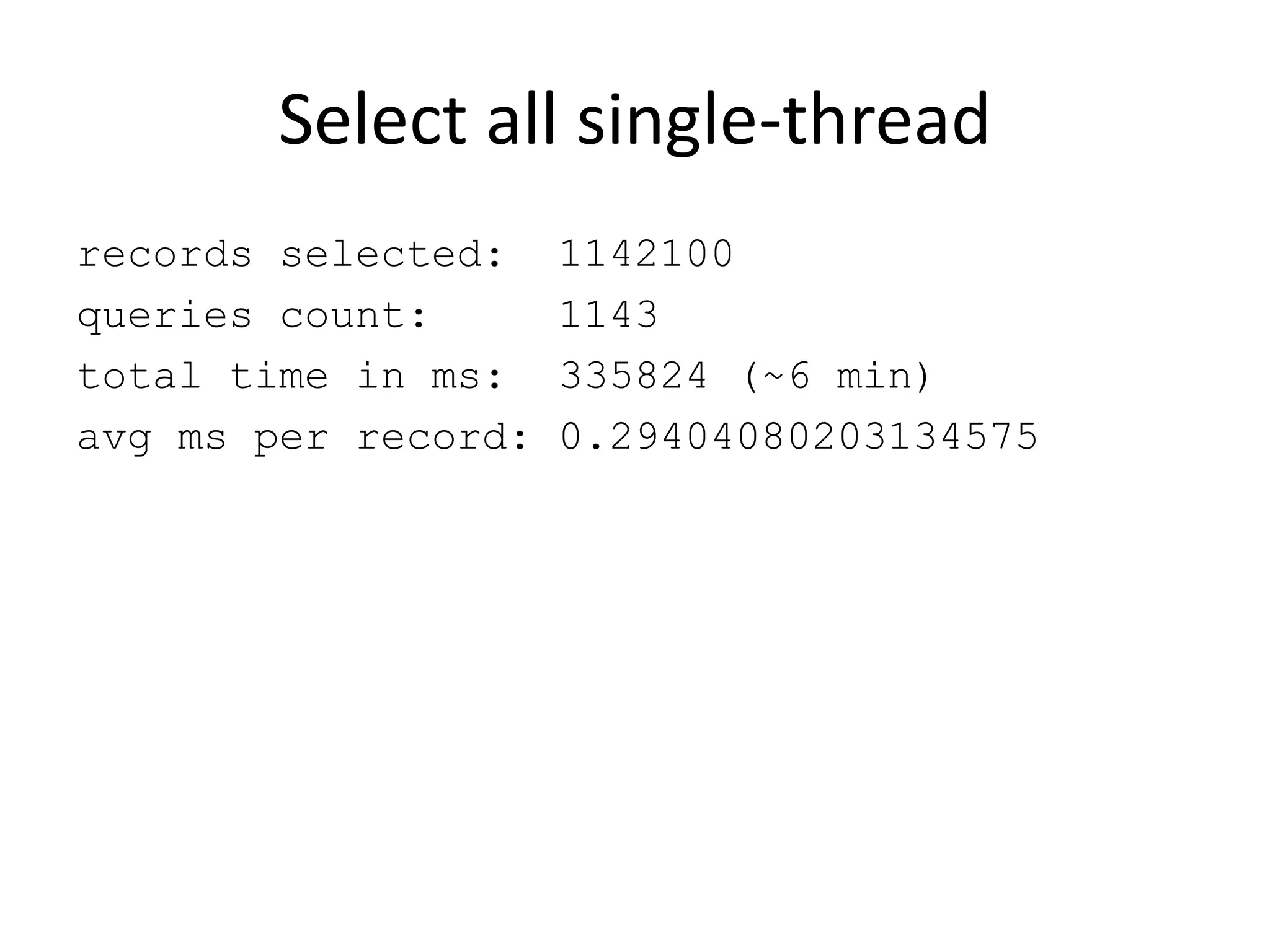 Select all single-thread
records selected: 1142100
queries count: 1143
total time in ms: 335824 (~6 min)
avg ms per record: 0.29404080203134575
 