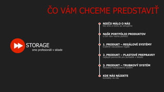 ČO VÁM CHCEME PREDSTAVIŤ
NIEČO MÁLO O NÁS

kto sme a čomu sa venujeme

NAŠE PORTFÓLIO PRODUKTOV
s čím vám vieme pomôcť

STORAGE

1. PRODUKT – REGÁLOVÉ SYSTÉMY
kvalitné viacúčelové regále

sme profesionáli v sklade
2. PRODUKT – PLASTOVÉ PREPRAVKY
najlepší pomocník pre poriadok v sklade

3. PRODUKT – TRUBKOVÝ SYSTÉM
flexibilný manipulačný systém

KDE NÁS NÁJDETE
kontakty na nás

 