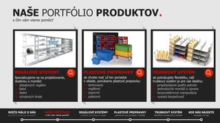 NAŠE PORTFÓLIO PRODUKTOV.
s čím vám vieme pomôcť

REGÁLOVÉ SYSTÉMY

PLASTOVÉ PREPRAVKY

TRUBKOVÝ SYSTÉM

špecializujeme sa na projektovanie,
dodávku a montáž:
➤  skladových regálov
➤  šatní
➤  dielní
➤  výrobných liniek

ak chcete mať už len poriadok
v sklade, ponúkame plastové prepravky:
➤  stohovacie
➤  regálové
➤  úsporné
➤  paletové

ak potrebujete flexibilitu, náš
trubkový systém je pre vás ideálny:
➤  prispôsobenie podľa potrieb
➤  jednoduchá montáž a úprava
➤  bezproblémová manipulácia
➤  vysoká bezpečnosť

NIEČO MÁLO O NÁS
kto sme a čomu sa venujeme

NAŠE PORTFÓLIO
s čím vám vieme pomôcť

REGÁLOVÉ SYSTÉMY

PLASTOVÉ PREPRAVKY

TRUBKOVÝ SYSTÉM

KDE NÁS NÁJDETE

kvalitné viacúčelové regále

pomocník pre poriadok v sklade

flexibilný manipulačný systém

kontakty na nás

 
