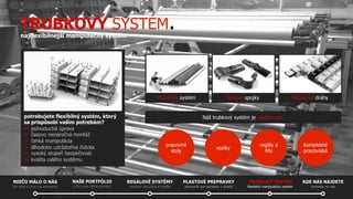 TRUBKOVÝ SYSTÉM.
najflexibilnejší manipulačný systém

Trubkový systém
potrebujete flexibilný systém, ktorý
sa prispôsobí vašim potrebám?
➤  jednoduchá úprava
➤  časovo nenáročná montáž
➤  ľahká manipulácia
➤  dlhodobo udržateľná čistota
➤  vysoký stupeň bezpečnosti
➤  kvalita celého systému

NIEČO MÁLO O NÁS
kto sme a čomu sa venujeme

NAŠE PORTFÓLIO
s čím vám vieme pomôcť

Kovové spojky

Valčekové dráhy

Náš trubkový systém je ideálny pre:

pracovné
stoly

vozíky

regály a
fifo

kompletné
pracoviská

REGÁLOVÉ SYSTÉMY

PLASTOVÉ PREPRAVKY

TRUBKOVÝ SYSTÉM

KDE NÁS NÁJDETE

kvalitné viacúčelové regále

pomocník pre poriadok v sklade

flexibilný manipulačný systém

kontakty na nás

 