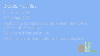 This is not DFSR
This is not DFSR!
Replicating storage blocks underneath the CSVFS,
NTFS, or ReFS volume
Don’t care if files are in use
Write IOs are all that matter to Storage Replica
 