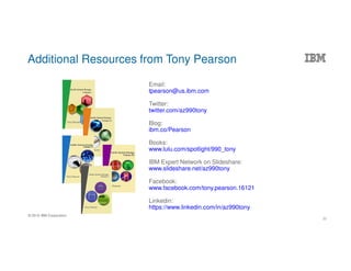 © 2016 IBM Corporation
Email:
tpearson@us.ibm.com
Twitter:
twitter.com/az990tony
Blog:
ibm.co/Pearson
Books:
www.lulu.com/spotlight/990_tony
IBM Expert Network on Slideshare:
www.slideshare.net/az990tony
Facebook:
www.facebook.com/tony.pearson.16121
Linkedin:
https://www.linkedin.com/in/az990tony
Additional Resources from Tony Pearson
32
 