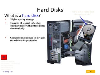 Hard Disks
What is a hard disk?
p. 355 Fig. 7-12 Next
hard disk installed
in system unit
 High-capacity storage
 Consists of several inflexible,
circular platters that store items
electronically
 Components enclosed in airtight,
sealed case for protection
Click to view Web Link,
click Chapter 7, Click Web Link
from left navigation,
then click Hard Disk
below Chapter 7
 