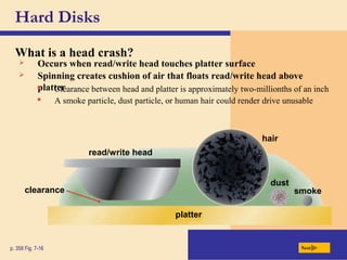 Hard Disks
What is a head crash?
p. 358 Fig. 7-16 Next
clearance
read/write head
platter
hair
dust
smoke
 Spinning creates cushion of air that floats read/write head above
platter
 Occurs when read/write head touches platter surface
 A smoke particle, dust particle, or human hair could render drive unusable
 Clearance between head and platter is approximately two-millionths of an inch
 