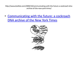 http://www.dvafoto.com/2009/10/communicating-with-the-future-a-cockroach-dna-
                        archive-of-the-new-york-times/



• Communicating with the future: a cockroach
  DNA archive of the New York Times
 