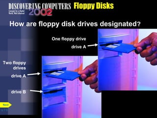 p. 7. 6 
Floppy Disks 
How are floppy disk drives designated? 
Two floppy 
drives 
drive A 
drive B 
One floppy drive 
drive A 
Next 
 
