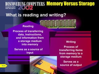Writing 
Process of 
transferring items 
from memory to a 
storage medium 
Serves as a 
source of output 
p. 7. 4 
Memory Versus Storage 
What is reading and writing? 
Reading 
Process of transferring 
data, instructions, 
and information from 
a storage medium 
into memory 
Serves as a source of 
input 
Next 
 