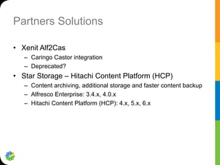 Partners Solutions
•  Xenit Alf2Cas
–  Caringo Castor integration
–  Deprecated?
•  Star Storage – Hitachi Content Platform (HCP)
–  Content archiving, additional storage and faster content backup
–  Alfresco Enterprise: 3.4.x, 4.0.x
–  Hitachi Content Platform (HCP): 4.x, 5.x, 6.x
 