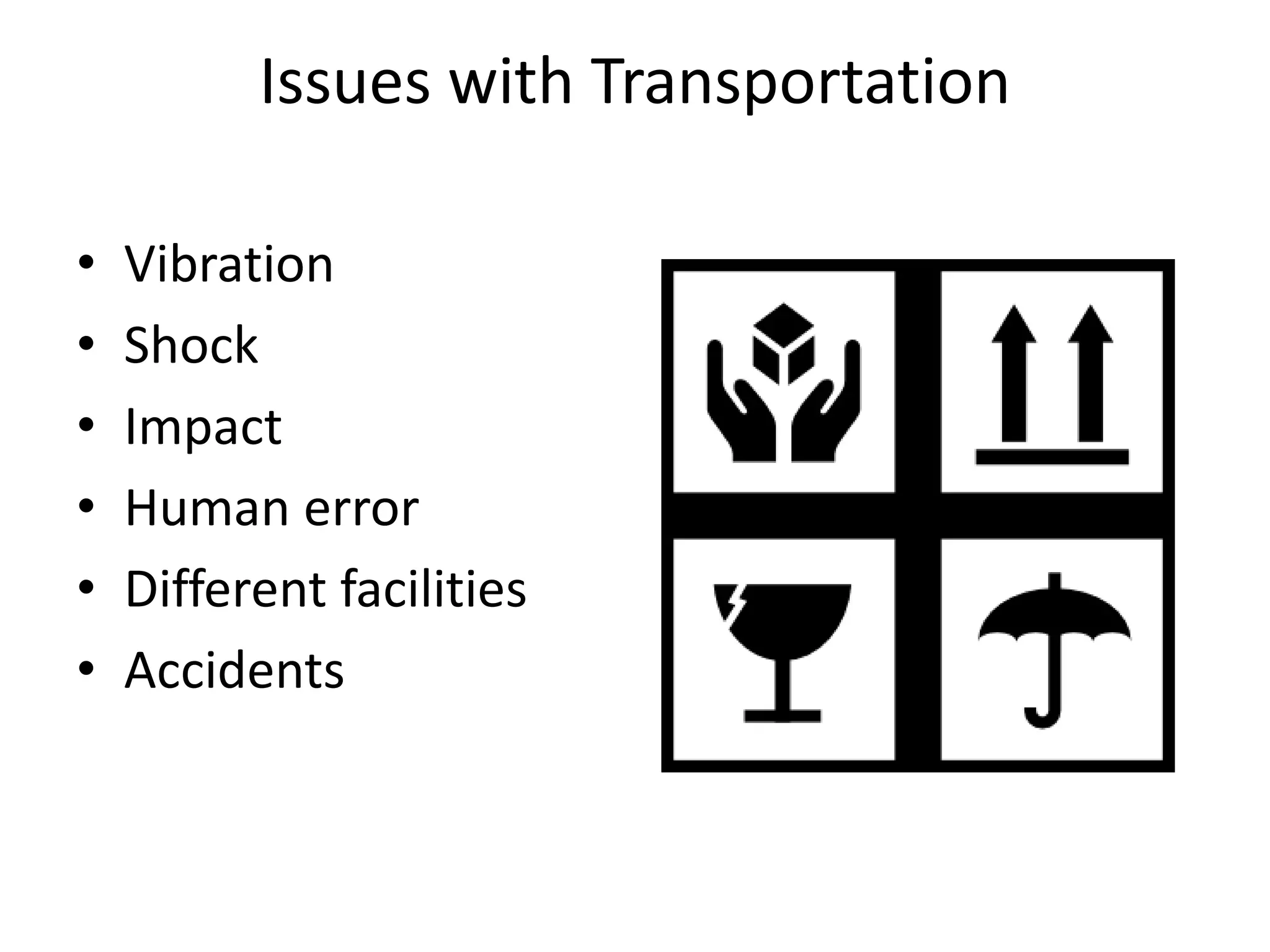 Issues with TransportationVibrationShockImpactHuman errorDifferent facilitiesAccidents  